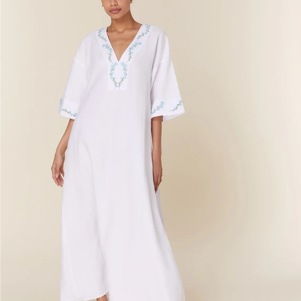 NWT Fanm Mon x Andie Linen Kepez Kaftan Dress White Breezy Resort Wear - Picture 2 of 14